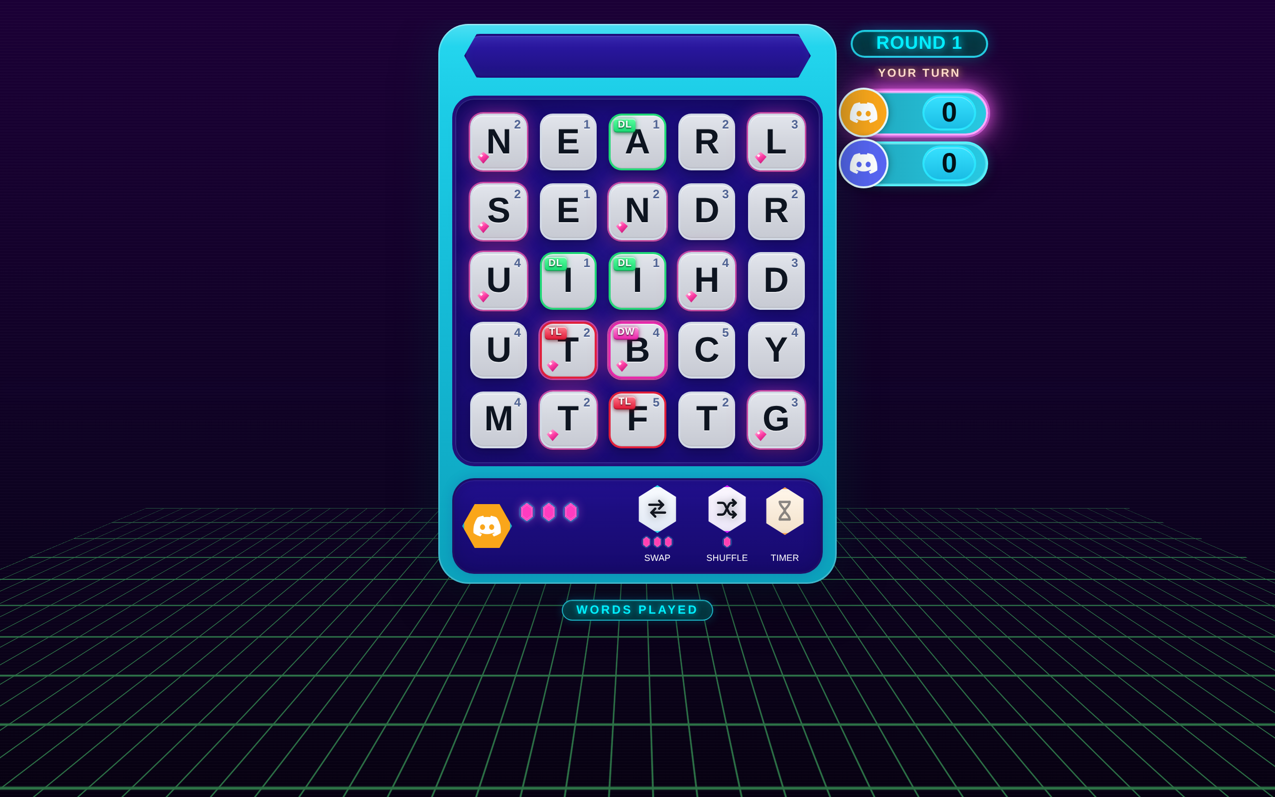 RuneCast gameplay — a 5×5 letter board with gem and multiplier tiles